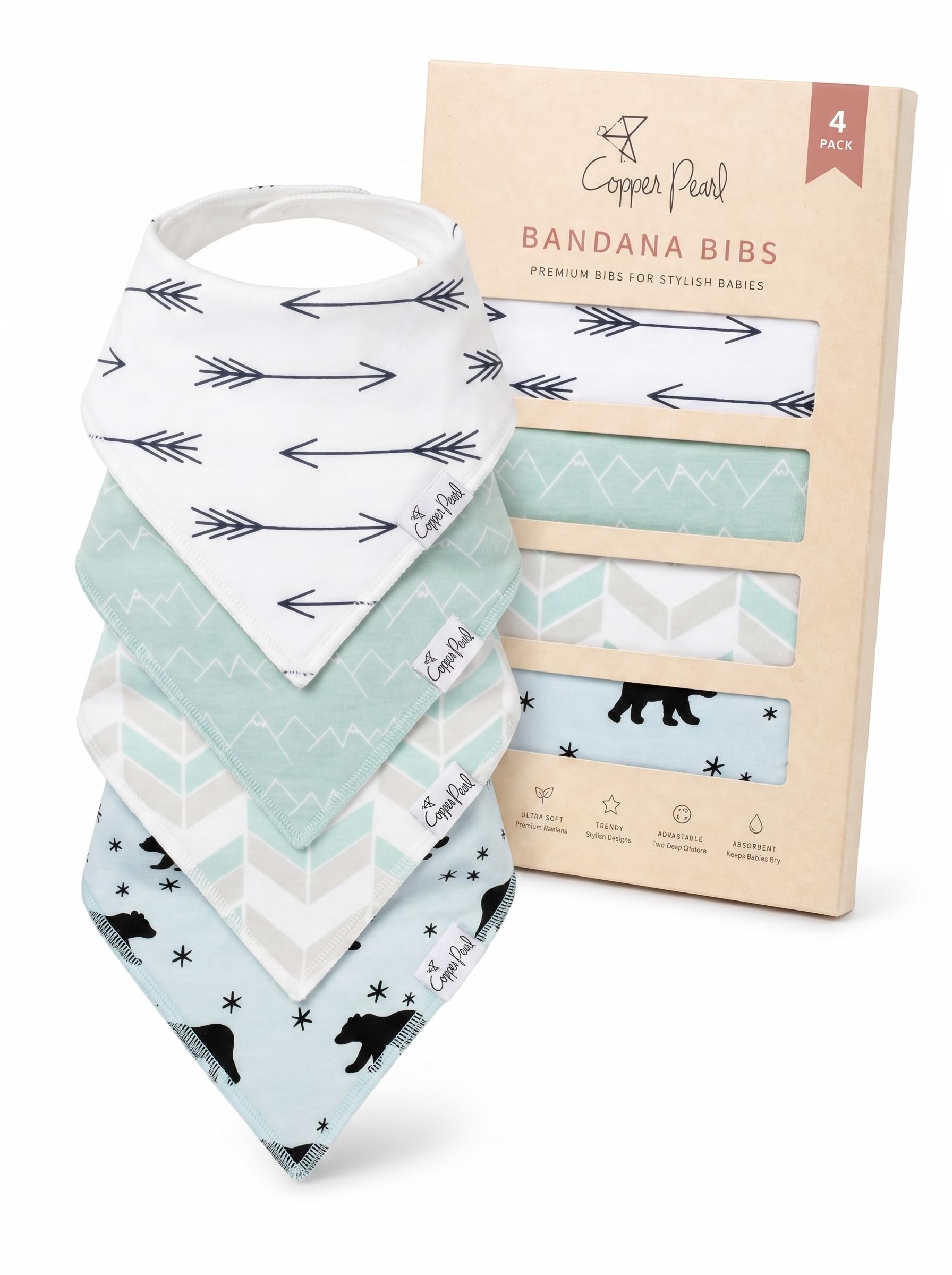 Copper Pearl Baby Bibs for Baby Boy or Girl – Bandana Drool Bibs for Teething, Absorbent Bibs for Eating, Newborn to Toddler, 4 Pack, Archer