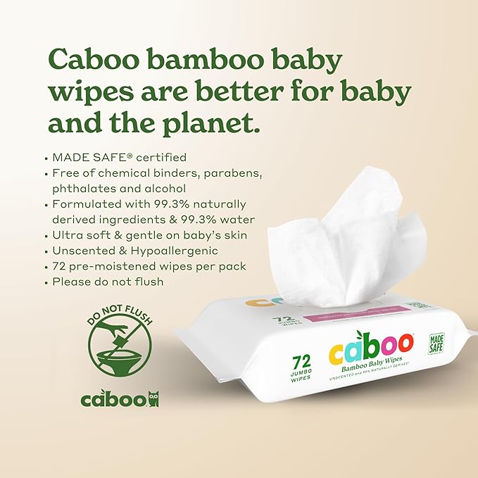 Caboo Baby Wipes, Made with Bamboo Viscose, Certified Made Safe Ingredients, Unscented Baby Wipes Good for Sensitive Skin, 72 Wipes Per Travel Pack, Total of 216 Wet Wipes