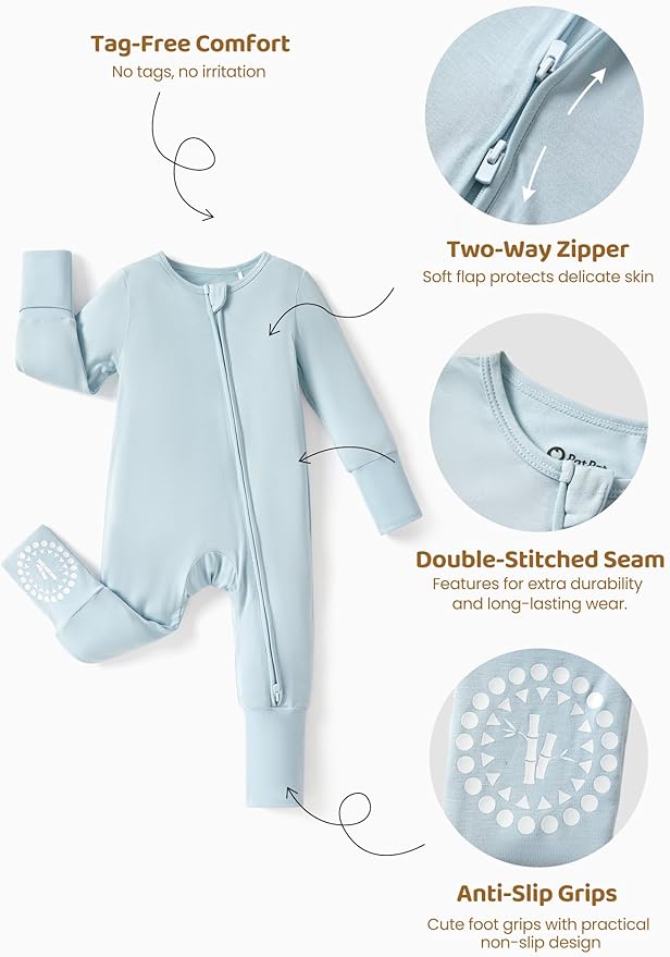 PATPAT Baby Footies Boys Girls - Bamboo Viscose - Zipper & Non-Slip Soles Romper Mitten - Footed & Footless Infant Clothes