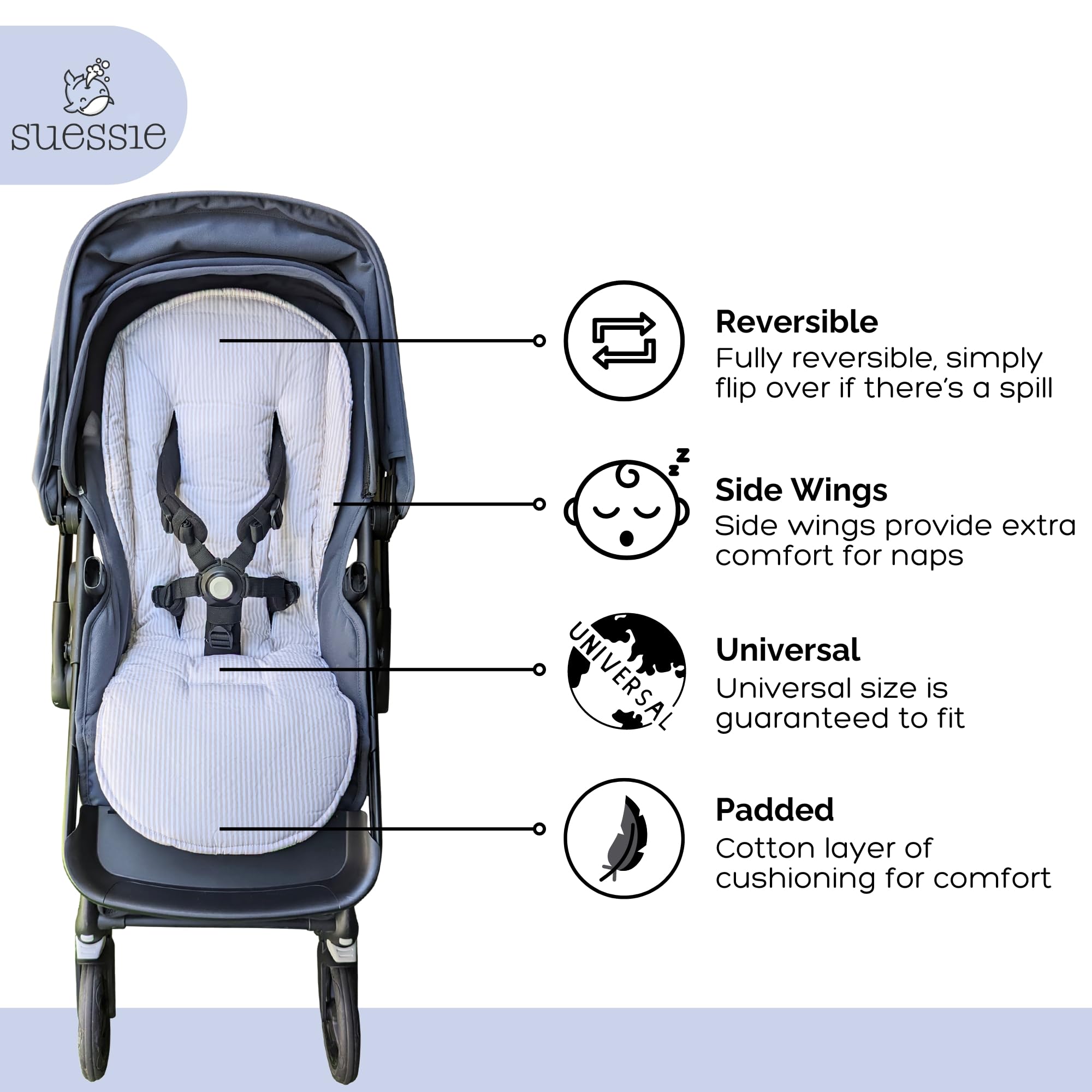 Suessie Stroller Liner - Universal and Reversible Seat Insert, Sand Stripe