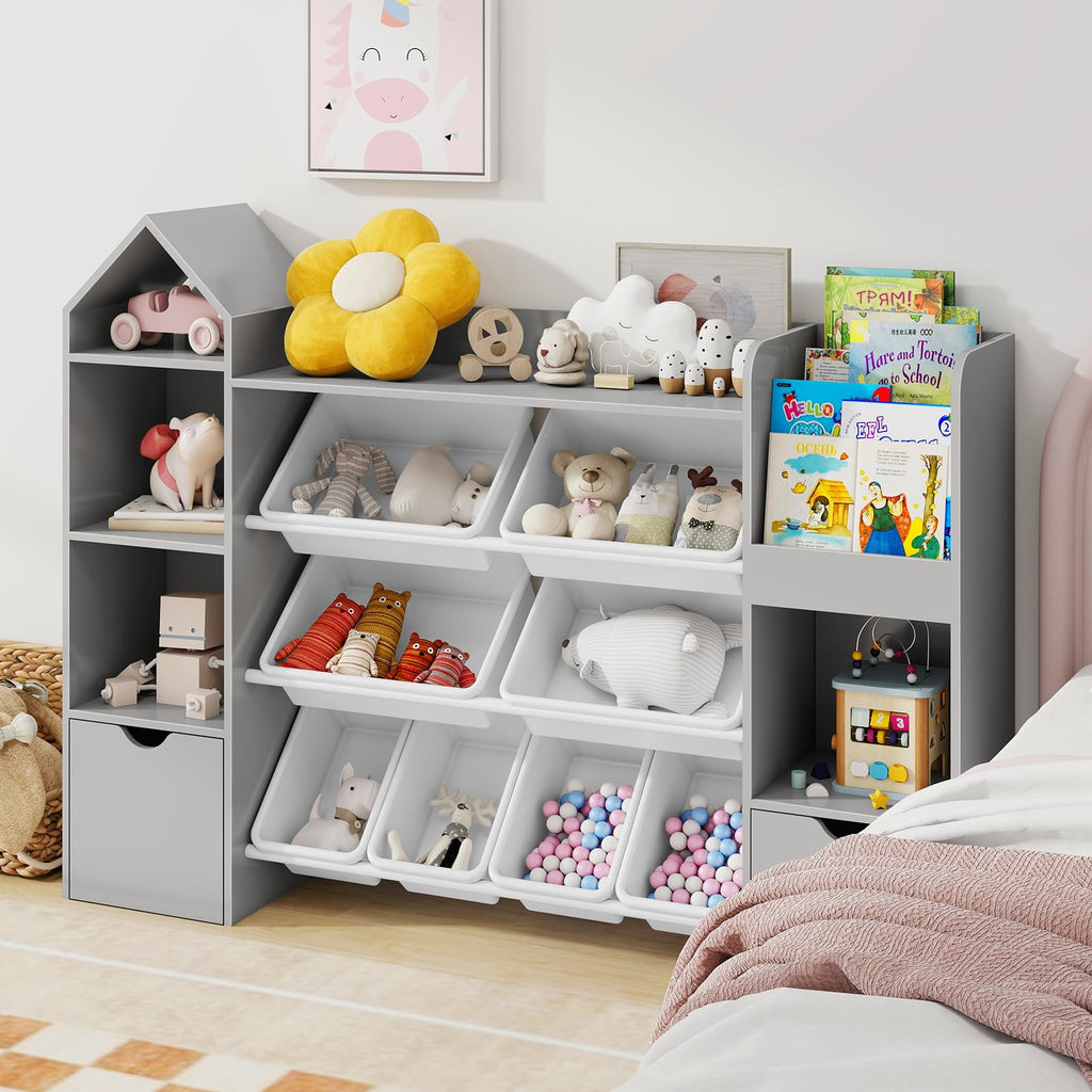 Vabches Kids Toy Organizer with 8 Removable Toy Bins, 4-Tier Toy Storage Organizers W/4 Storage Cubbies, Bookshelf 2 Toy Storage Box on Wheels for Playroom, Kids Room, Nursery Room, Grey