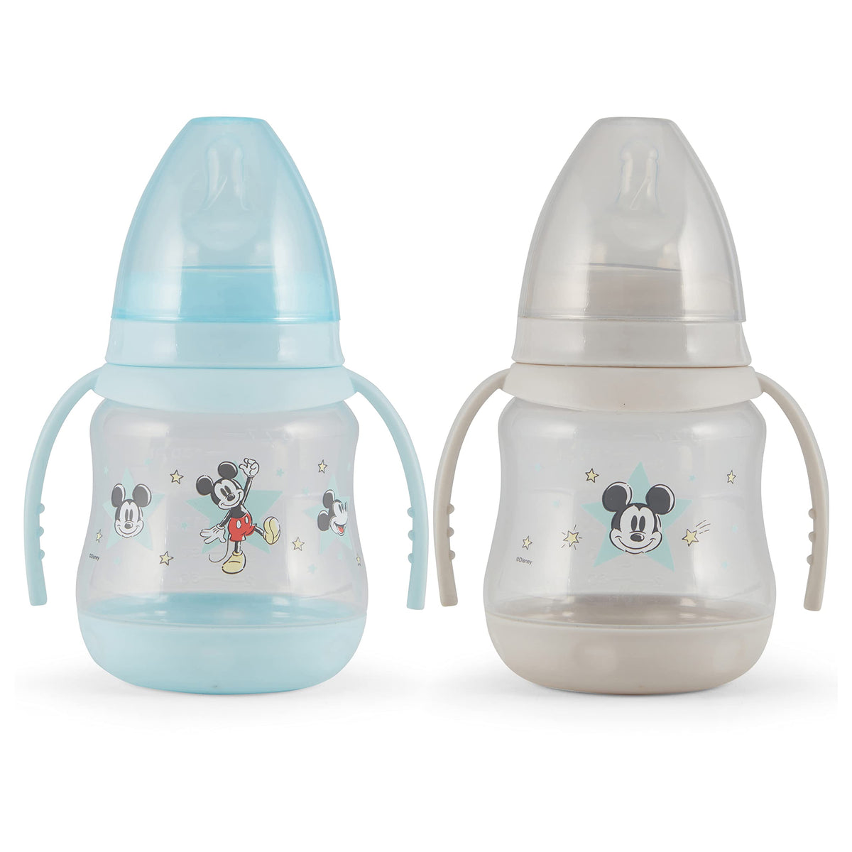 Disney 2 Pack 10 Ounce Baby Bottles with Character Prints and Colored Covers with Double Handle - BPA Free and Easy to Clean