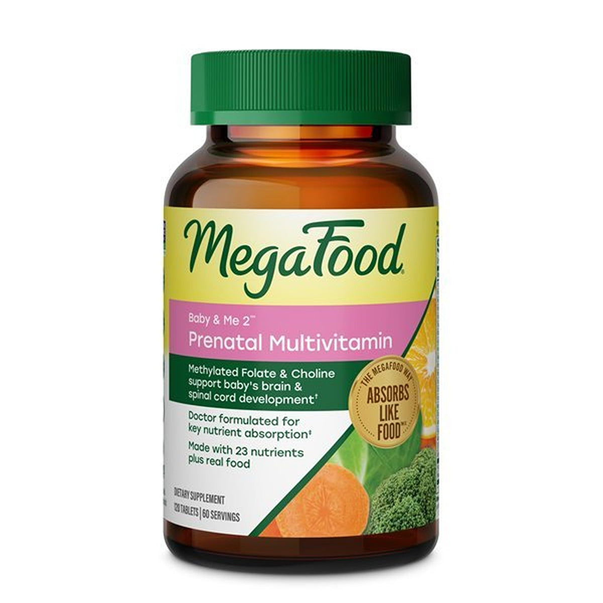 MegaFood Baby & Me 2 Prenatal Vitamins, Doctor Formulated, 120 Tablets