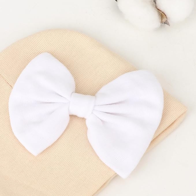 BQUBO Newborn Baby Girls Hats Mittens Set Hospital Hat Beanie Infant Bow Hats Baby Cotton Gloves for 0-6 Months