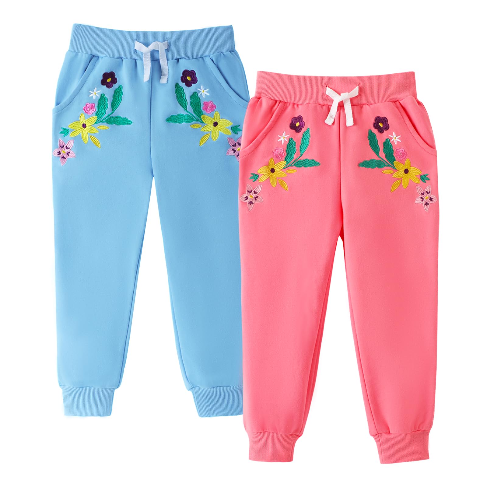 HILEELANG Baby Girls Cotton Joggers Sweatpants Floral Embroidery Drawstring Waist and Pockets-Pink Blue Casual Athletic Pants for Kids 18M