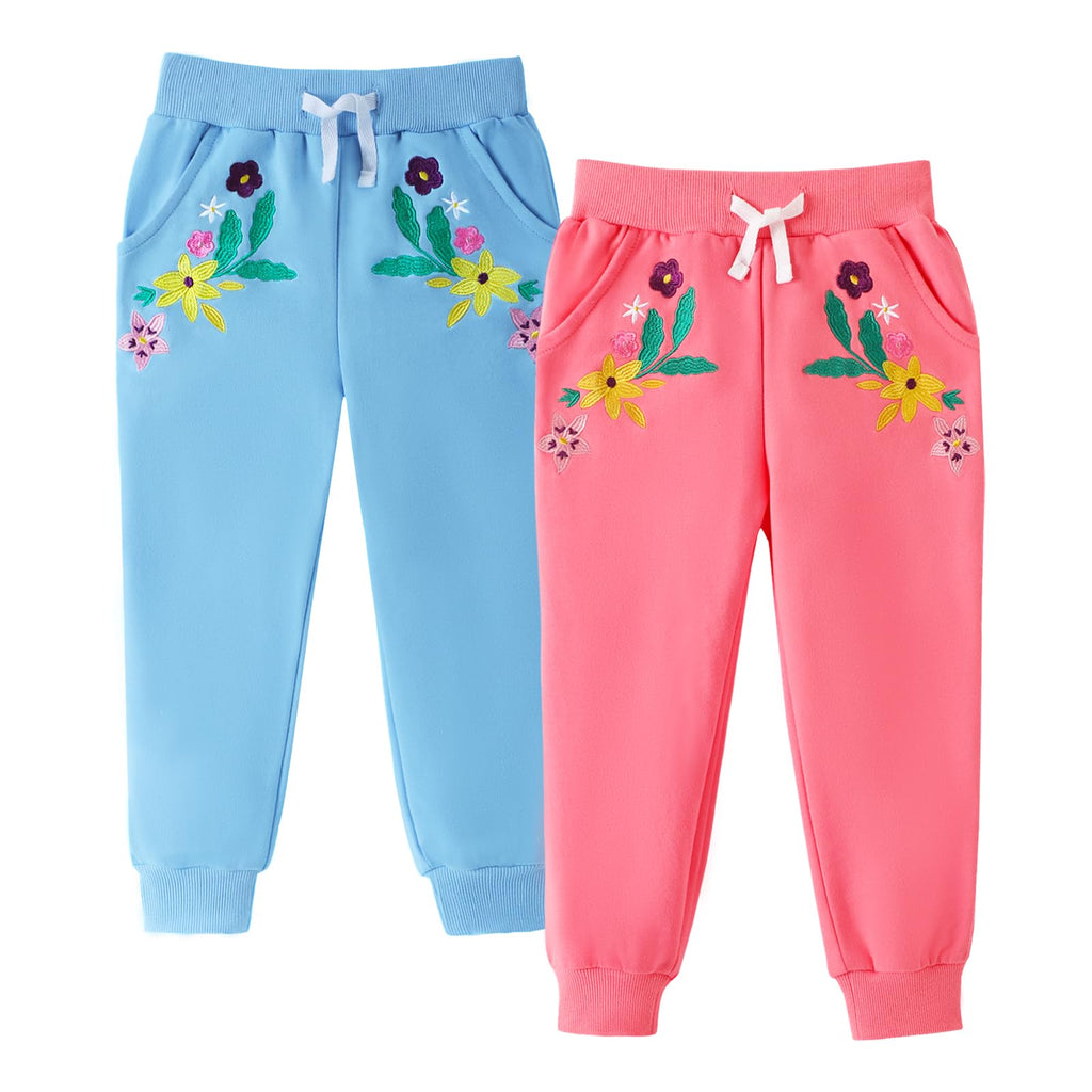 HILEELANG Toddler Girls Cotton Joggers Sweatpants Floral Embroidery Drawstring Waist and Pockets-Pink Blue Casual Athletic Pants for Kids 2Y