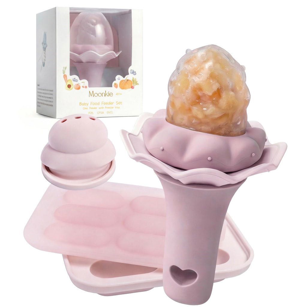 Moonkie Baby Fruit Feeder for Self-Feeding: Controlled Flow Design with 2 Pouches for Safe First Foods - BPA Free Silicone Food Feeder with Freezer Tray for Cooling Comfort - 4 Months+ - 1 Pack
