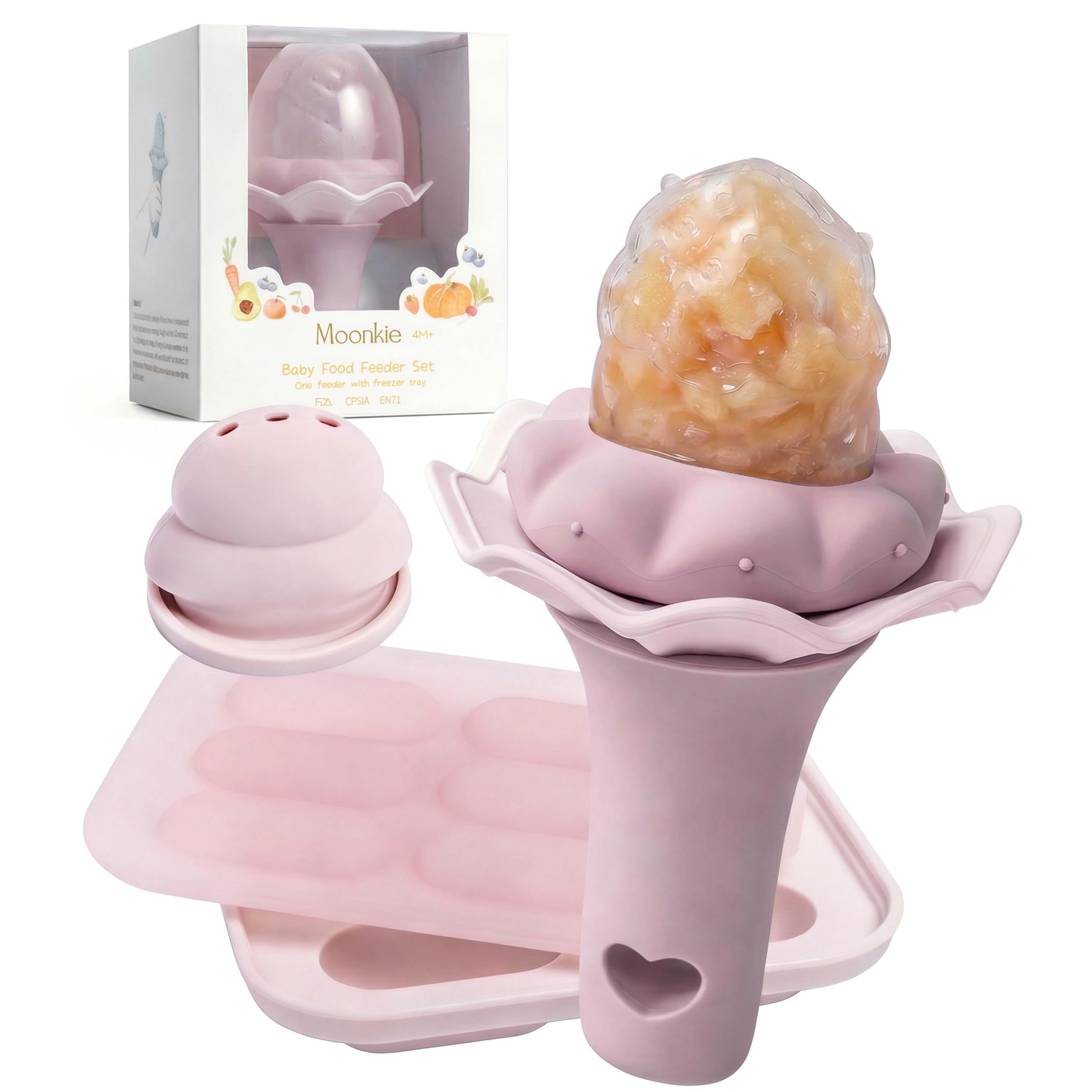Moonkie Baby Fruit Feeder for Self-Feeding: Controlled Flow Design with 2 Pouches for Safe First Foods - BPA Free Silicone Food Feeder with Freezer Tray for Cooling Comfort - 4 Months+ - 1 Pack