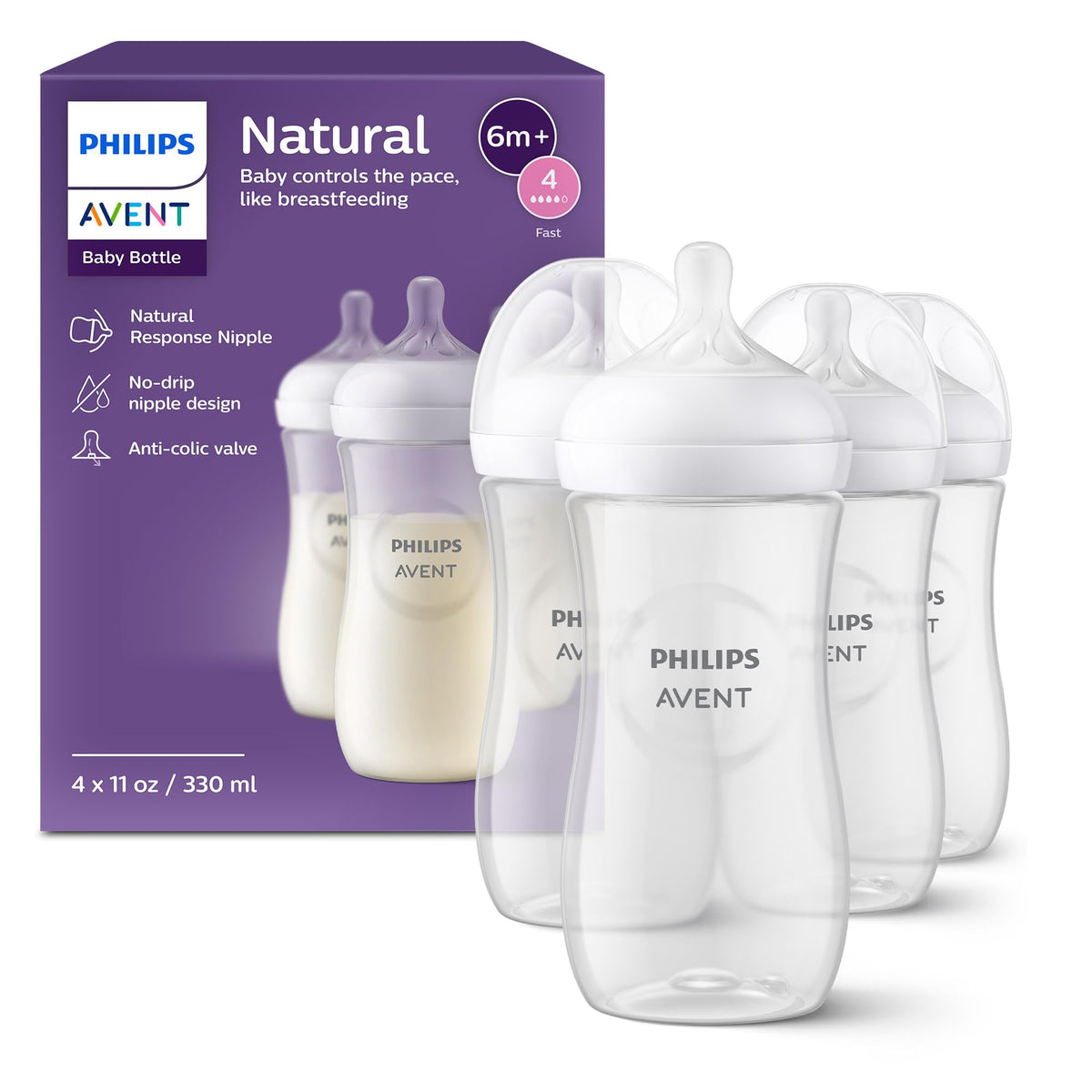 Philips Avent Natural Baby Bottles, Fast Flow, 11 oz, BPA-Free, 4-Pack