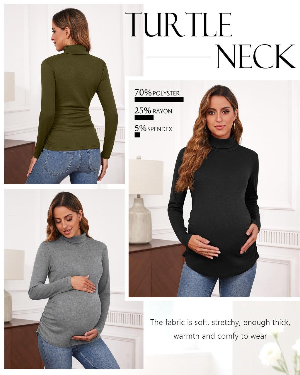 Ficerd 3 Pack Women's Maternity Shirts, Turtleneck Long Sleeve Pregnancy Tops Casual Side Ruched Maternity Tees Mama Clothes(Black, Light Gray, Army Green,X-Large)