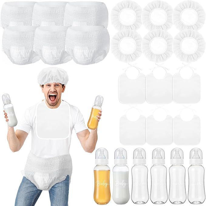 6 Sets Bottle Chug Baby Shower Games Juegos Para Plastic Baby Bottles Bibs Hat Disposable Diapers Gender Reveal Games Baby Changing Diaper Race Game Decoration (White)