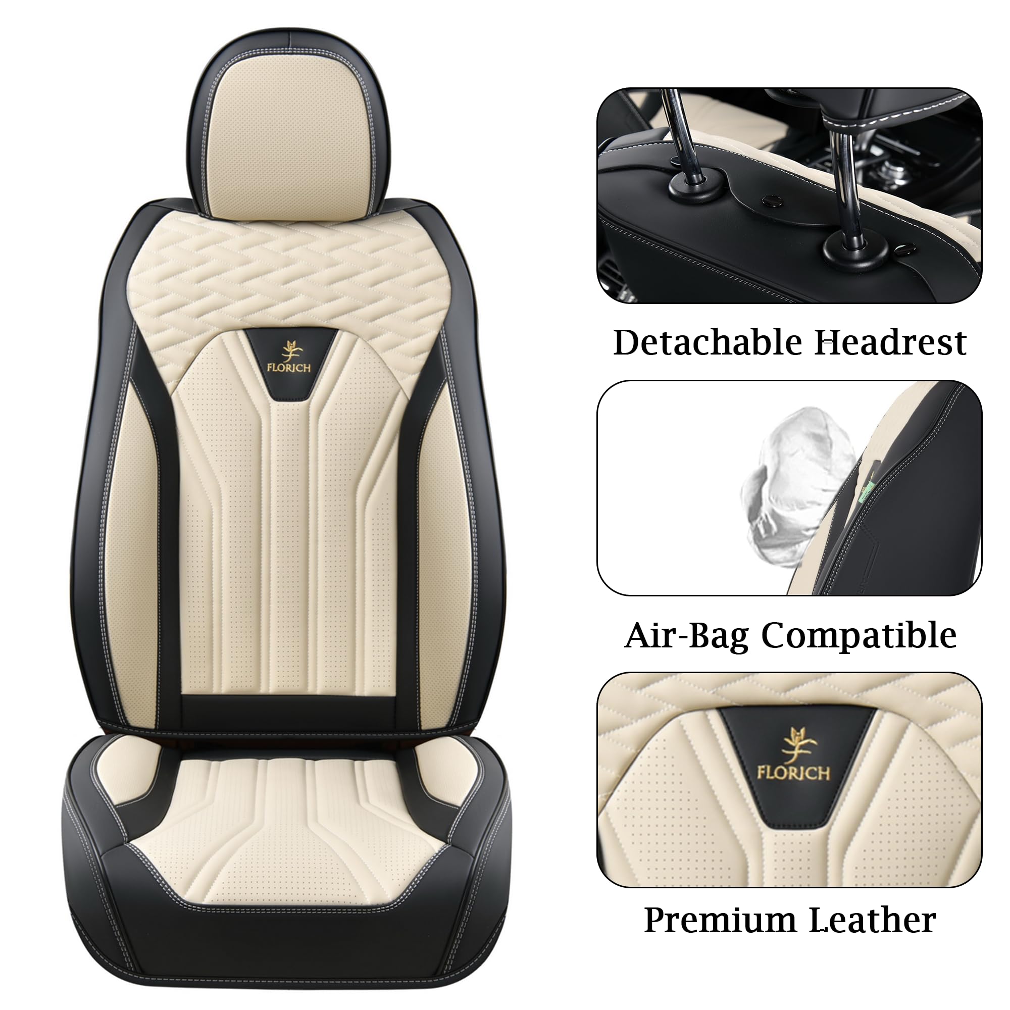 FLORICH Leather Seat Covers, Seat Covers Full Set, Car Seat Protectors 5 Seats, Automotive Seat Covers Fit for Most Cars Trucks SUV- Black&Beige