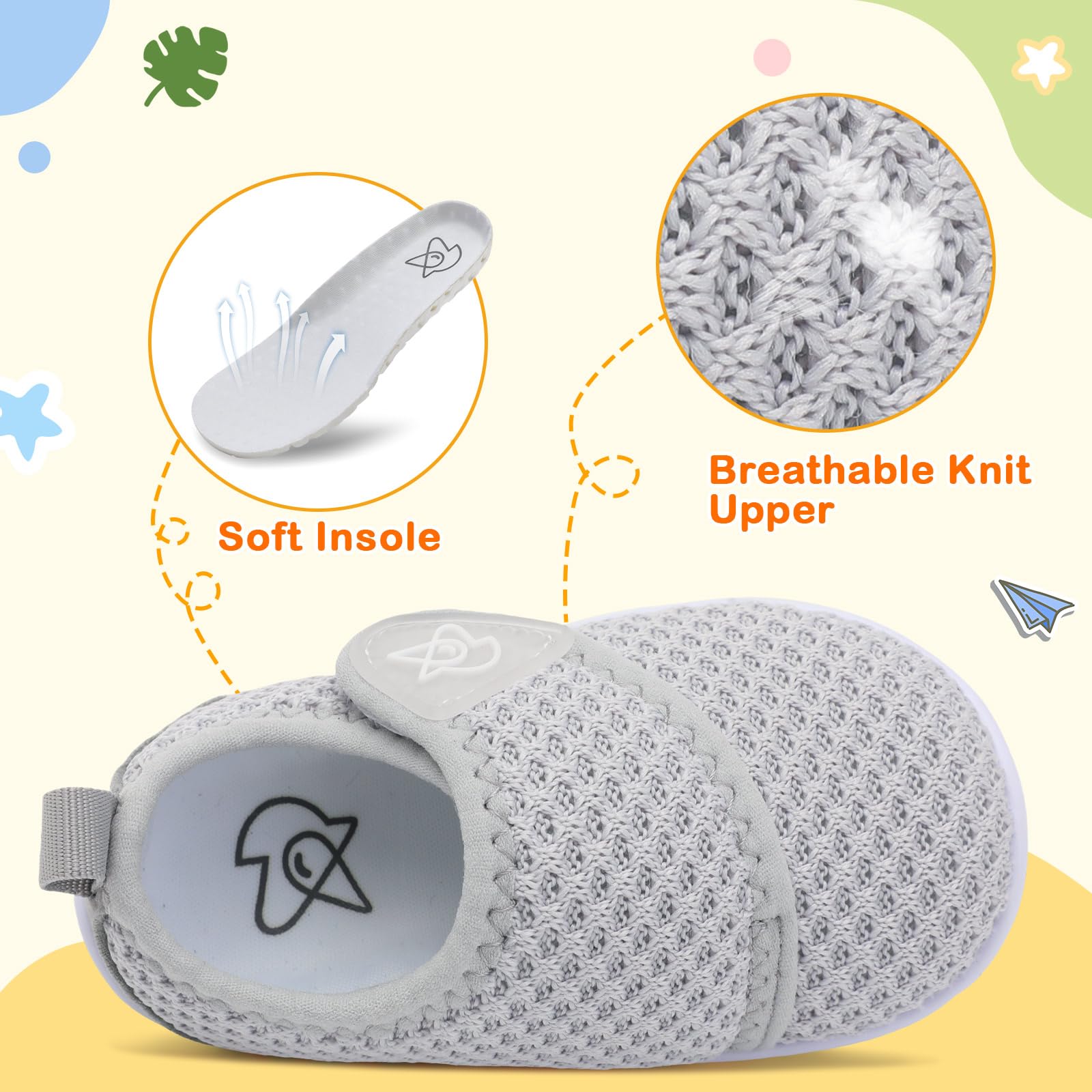 LeIsfIt Baby Shoes Boys Girls First Walking Shoes Non-Slip Infant Sneakers Lightweight Slip-on Crib Sneakers for First Walkers Light Grey 6-12 Months