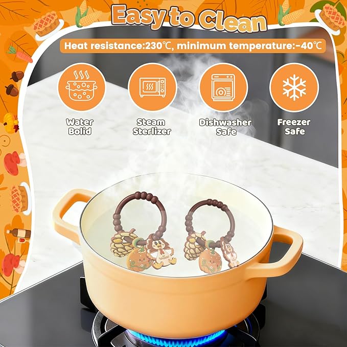 Thanksgiving Baby Teething Ring with 3pcs Teether-Soft Turkey, Pumpkin & Pine Cones Textured, Silicone Teether for 0-12months, Baby Sensory Chew Bracelet for Baby’s First Thanksgiving