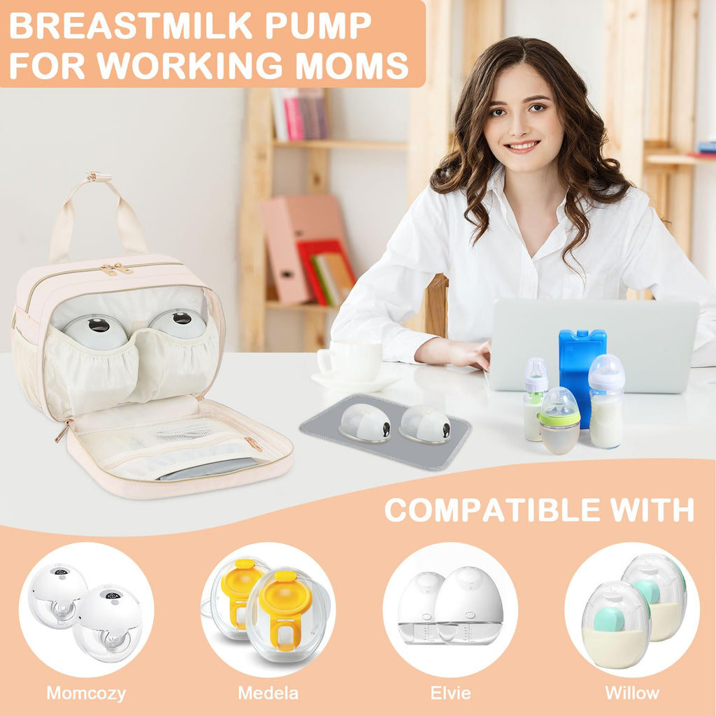 Breastmilk Cooler Travel Bag with Ice Pack, Insulated Bottle Bags with Luggage Strap, Compatible with Hands-Free Wearable Breast Pumps & Accessories, Portable Breast Pump Carrying Case for Working Mom