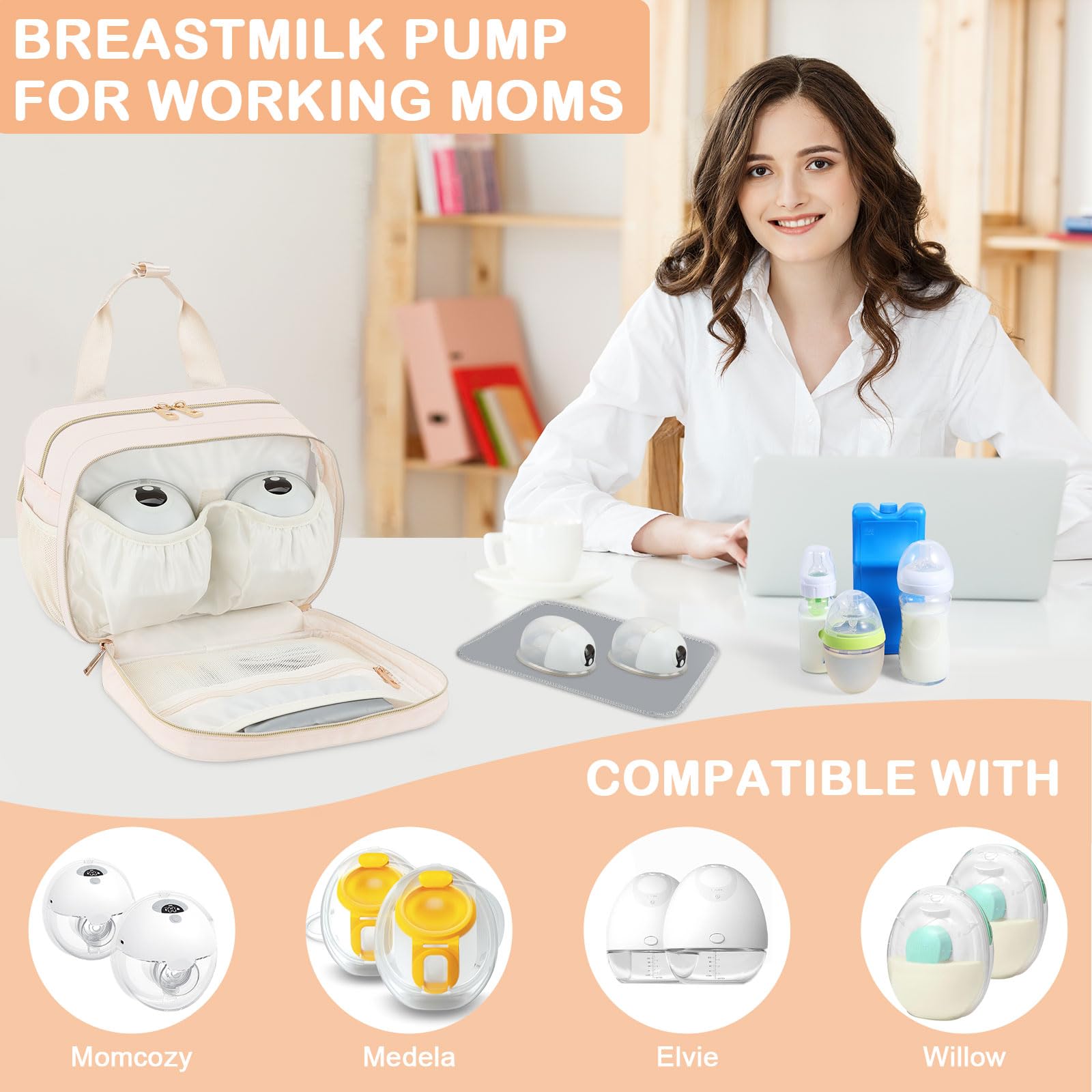Breastmilk Cooler Travel Bag with Ice Pack, Insulated Bottle Bags with Luggage Strap, Compatible with Hands-Free Wearable Breast Pumps & Accessories, Portable Breast Pump Carrying Case for Working Mom
