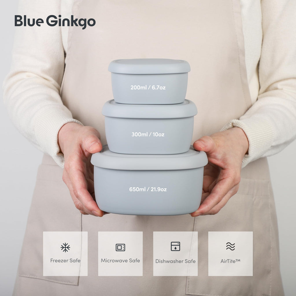 BLUE GINKGO Nesting Silicone Containers - Set of 3 Hard-Shell Silicone Food Storage Containers | BPA Free, Airtight, Dishwasher and Freezer Safe (6.7oz, 10oz, 20oz) - Grey