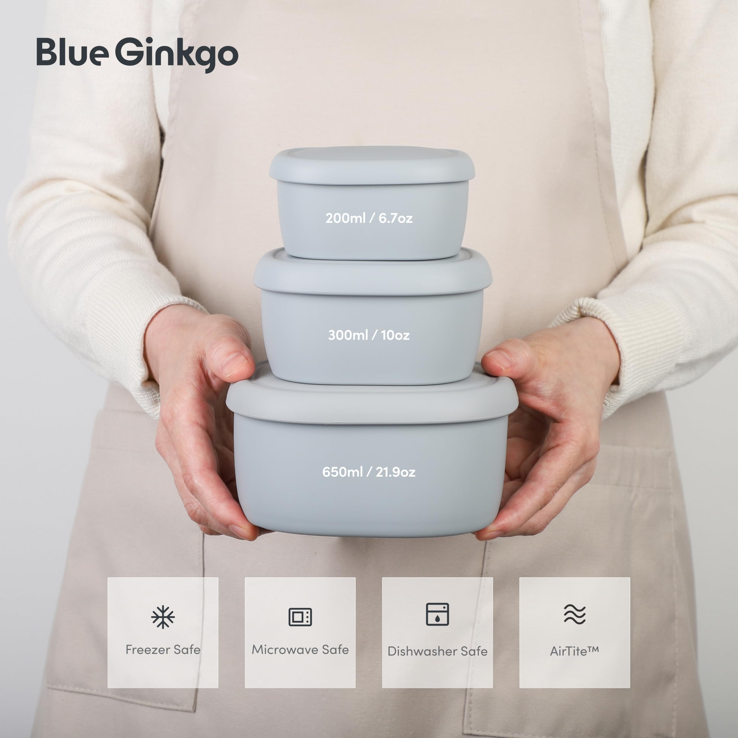 BLUE GINKGO Nesting Silicone Containers - Set of 3 Hard-Shell Silicone Food Storage Containers | BPA Free, Airtight, Dishwasher and Freezer Safe (6.7oz, 10oz, 20oz) - Grey