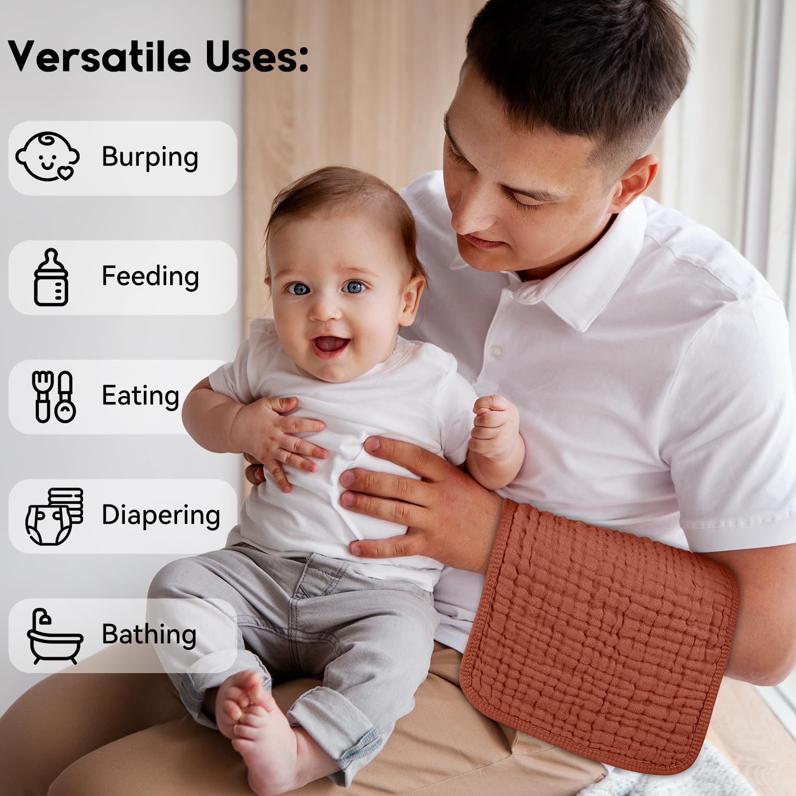 Unnivoll Muslin Burp Cloths for Baby 100% Cotton Burping Cloths for Boys Girls Large 20''X10'' Extra Soft and Absorbent 12 Pack - Gradient Brown