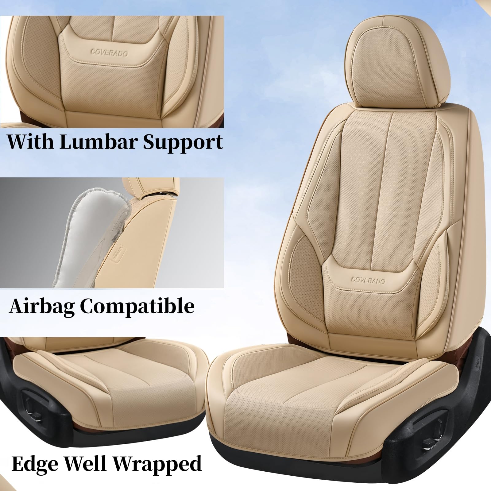 Coverado Seat Covers, Car Seat Covers Front Seats, Beige Car Seat Cover, Car Seat Protector Waterproof, Car Seat Cushion Nappa Leather, Seat Covers Carseat Cover Universal Fit for Most Cars