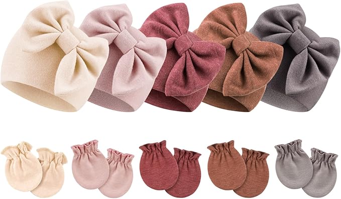 BQUBO Newborn Baby Girls Hats Mittens Set Hospital Hat Beanie Infant Bow Hats Baby Cotton Gloves for 0-6 Months