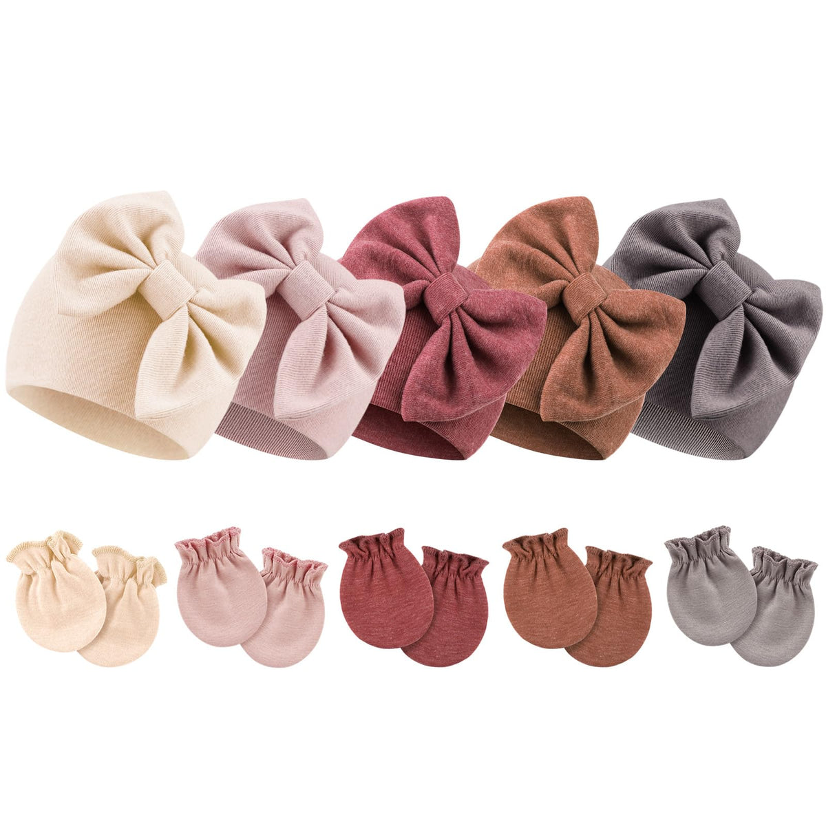 BQUBO Newborn Baby Girls Hats Mittens Set Hospital Hat Beanie Infant Bow Hats Baby Cotton Gloves No Scratch Mittens for 0-6 Months
