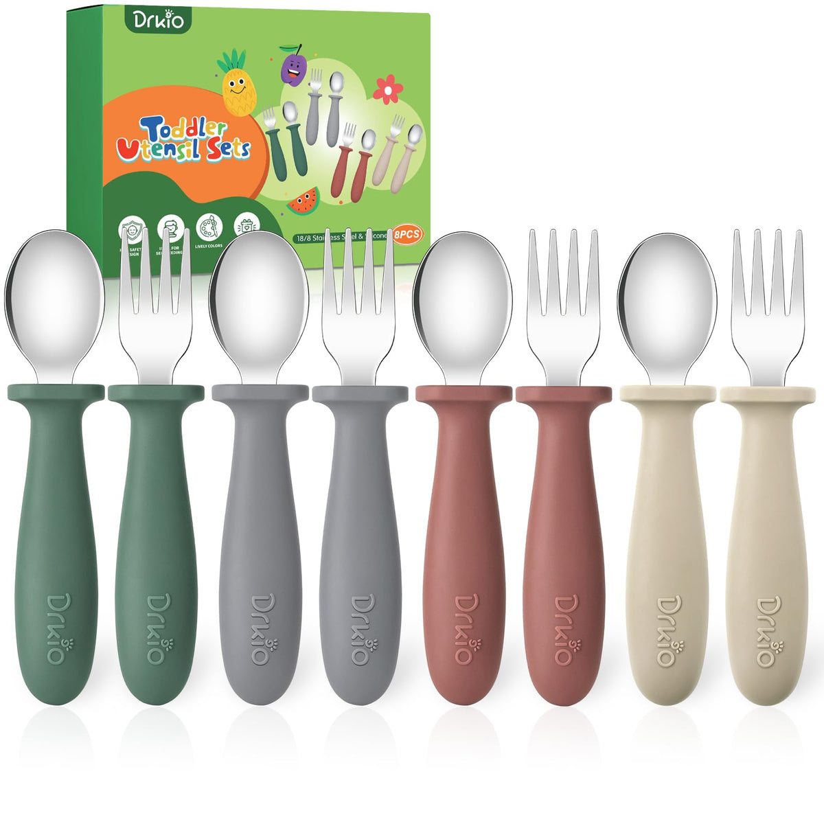 DRKIO 8 Pcs Toddler Utensils Set Kids Silverware with Forks and Spoons