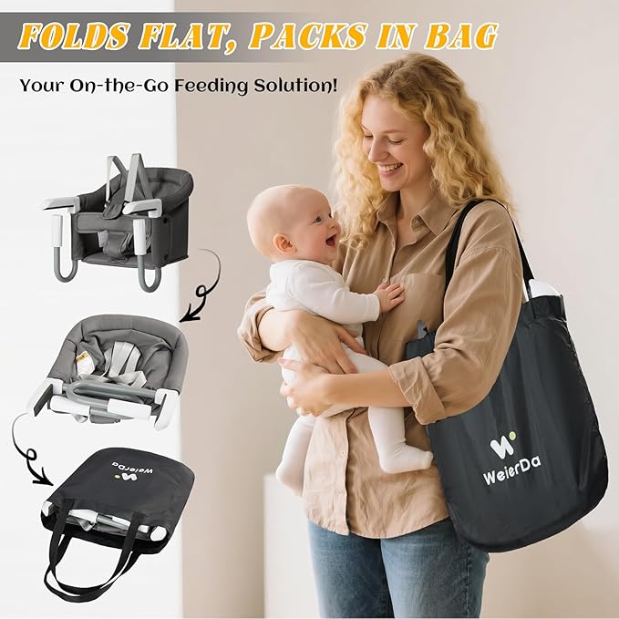 Hook On High Chair Portable & Foldable for Babies 6-36 Months Attach to Fast Table Clip On High Chair with Travel Bag - Compact Baby Feeding Seat for Home Dining & Travel (Grey)
