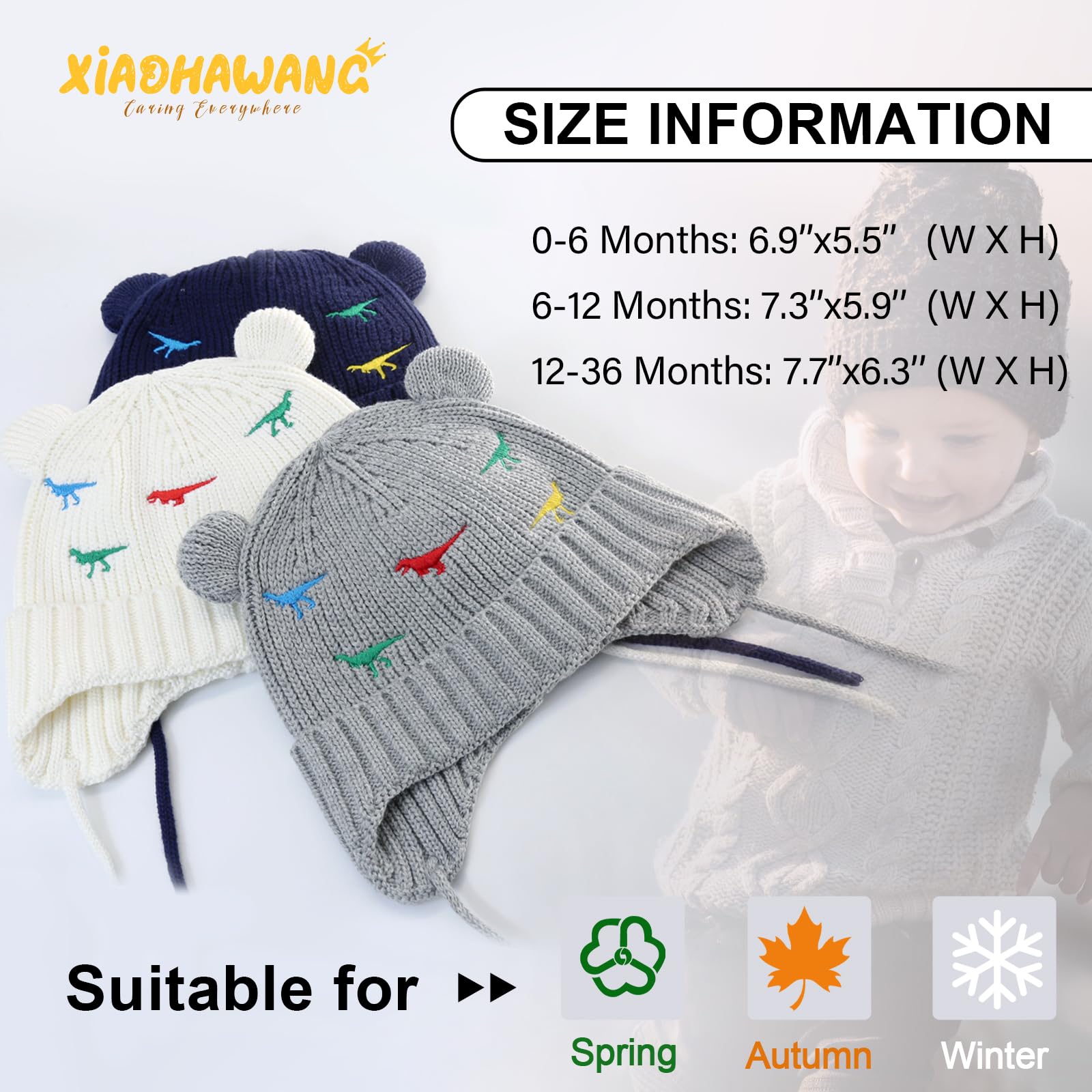 XIAOHAWANG Cute Bear Infant Winter Hat Toddler Knit Baby Beanie Boys Girls Dinosaur Beenies Hats with Ear Flaps(T-Grey,2-3 Years)