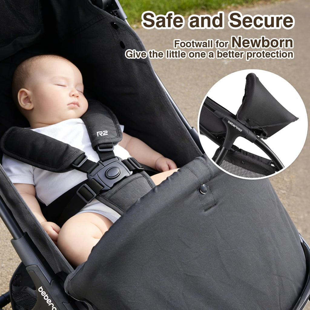 Beberoad Love R2 Travel Stroller for Airplane Small Compact Stroller Lightweight Baby Stroller, Foldable Infant Toddler Stroller with Cup Holder, Rain Cover and UPF 50+ Waterproof Canopy, Black