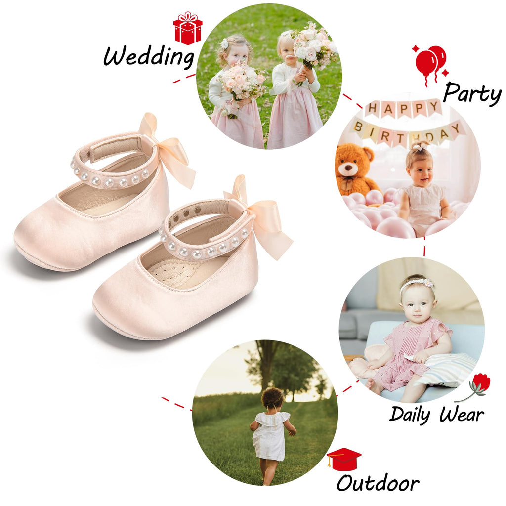 PHIRAMIN Baby Girls Peach Mary Jane Flats - Infant 12-18 Months Walking Shoes Soft Rubber Sole Princess Wedding