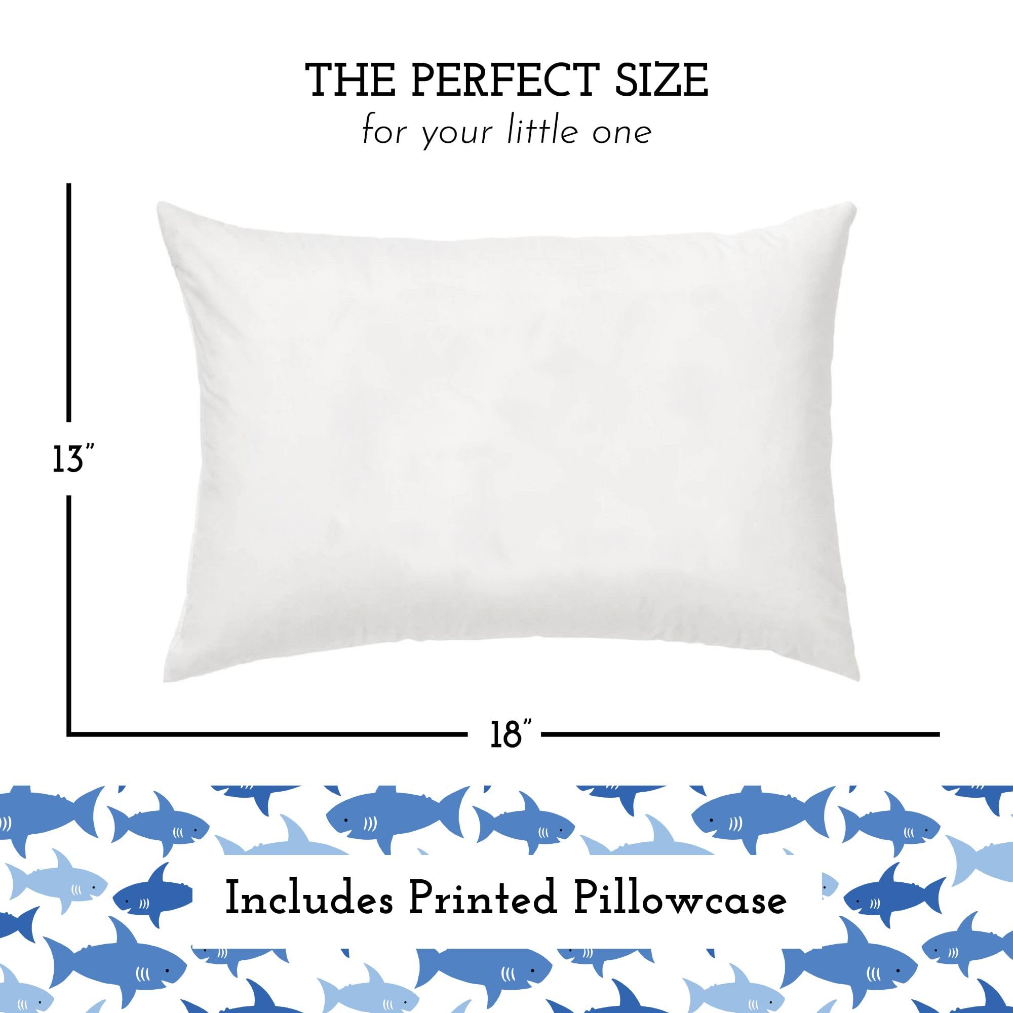 Little Sleepy Head Toddler Pillow with Cotton Pillowcase – 13x18 Kids Pillow for Ages 2–5 – Soft Hypoallergenic Toddler Bed Pillow for Travel, Daycare & Preschool - (Fintastic Friends)