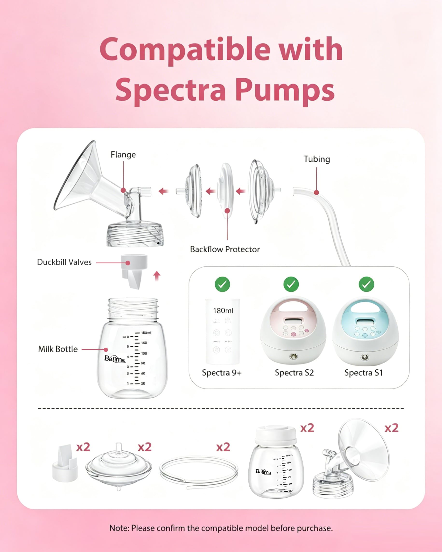 BALIME Pump Parts Compatible with Spectra S1/S2/9 Plus, Not Original Accessories, Full Set Replacements Include 16mm Flanges, Valves, Backflow Protectors (Duckbills Included), Tubings and Bottles
