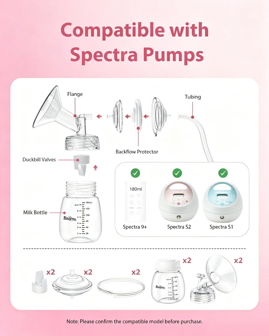 BALIME Pump Parts Compatible with Spectra S1/S2/9 Plus, Not Original Accessories, Full Set Replacements Include 23mm Flanges, Valves, Backflow Protectors (Duckbills Included), Tubings and Bottles