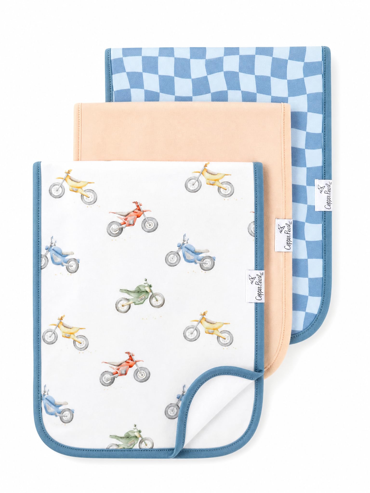 Copper Pearl Premium Baby Burp Cloths - 3-Pack Large Cotton Burp Cloths, Extra Soft Spit Up Rags with 3 Absorbent Layers, Perfect for Baby Boy and Baby Girl Gifts (21" x 10" Size, Ryder Set)
