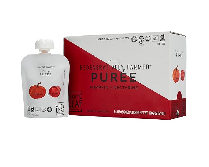 White Leaf Provisions Organic Purees / Baby Food Pouches - Fruits, Veggies & Grains, Toddler snack, Regeneratively Farmed, No Added Sugar, Non-GMO, BPA-Free Pouches 3.17 oz (Pack of 24, Pumpkin + Nectarine)