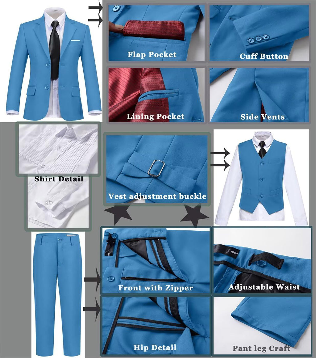 Fxzpiodi Boy Suit Slim Outfit 6 Piece Tux Jacket Vest Pants Lake Green 4