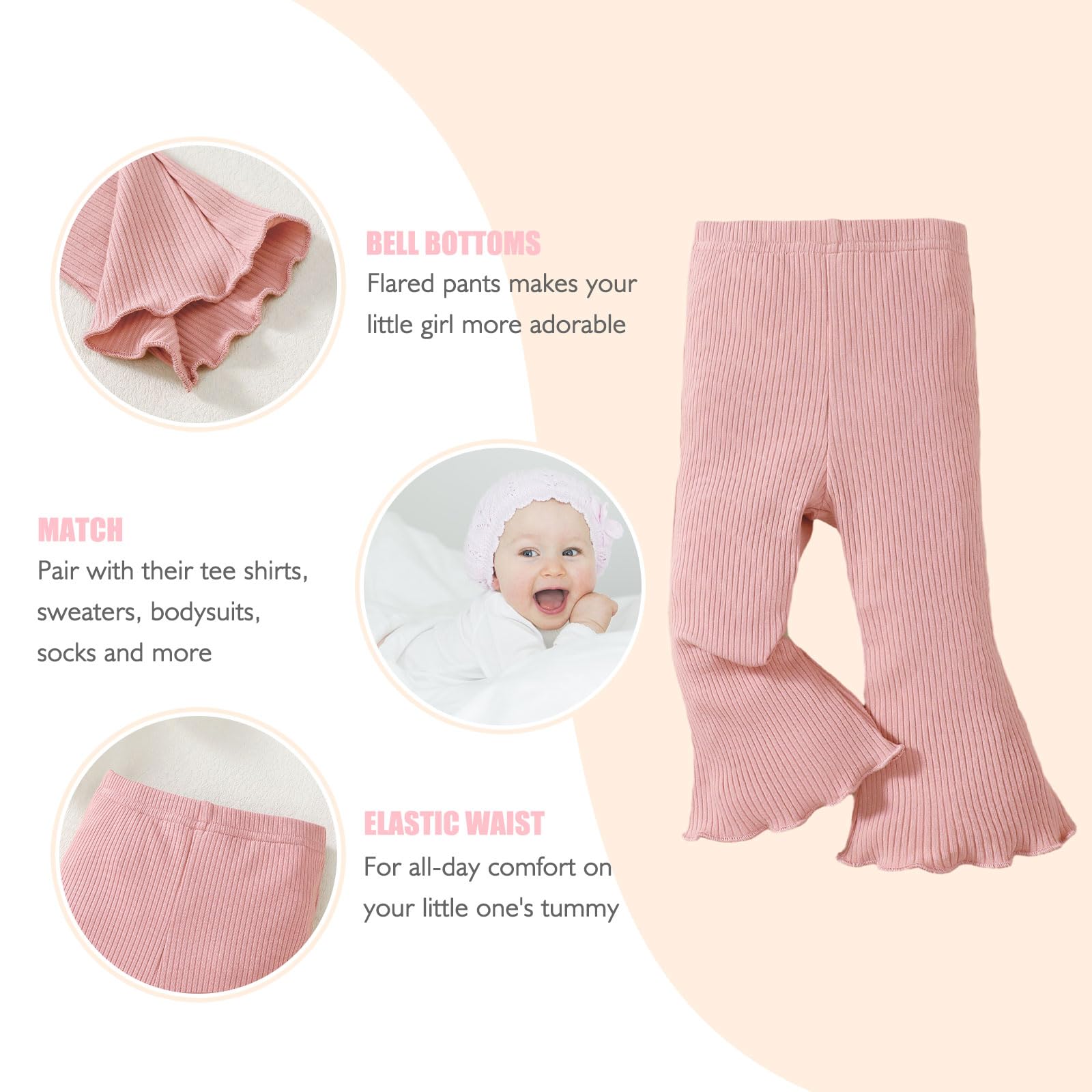 SOBOWO Toddler Baby Girl Flare Pants 3 Pack Solid Ribbed Ruffle Bell Bottoms Pants Fall Outfits(Purple/White/Pink, 9-12 Months)