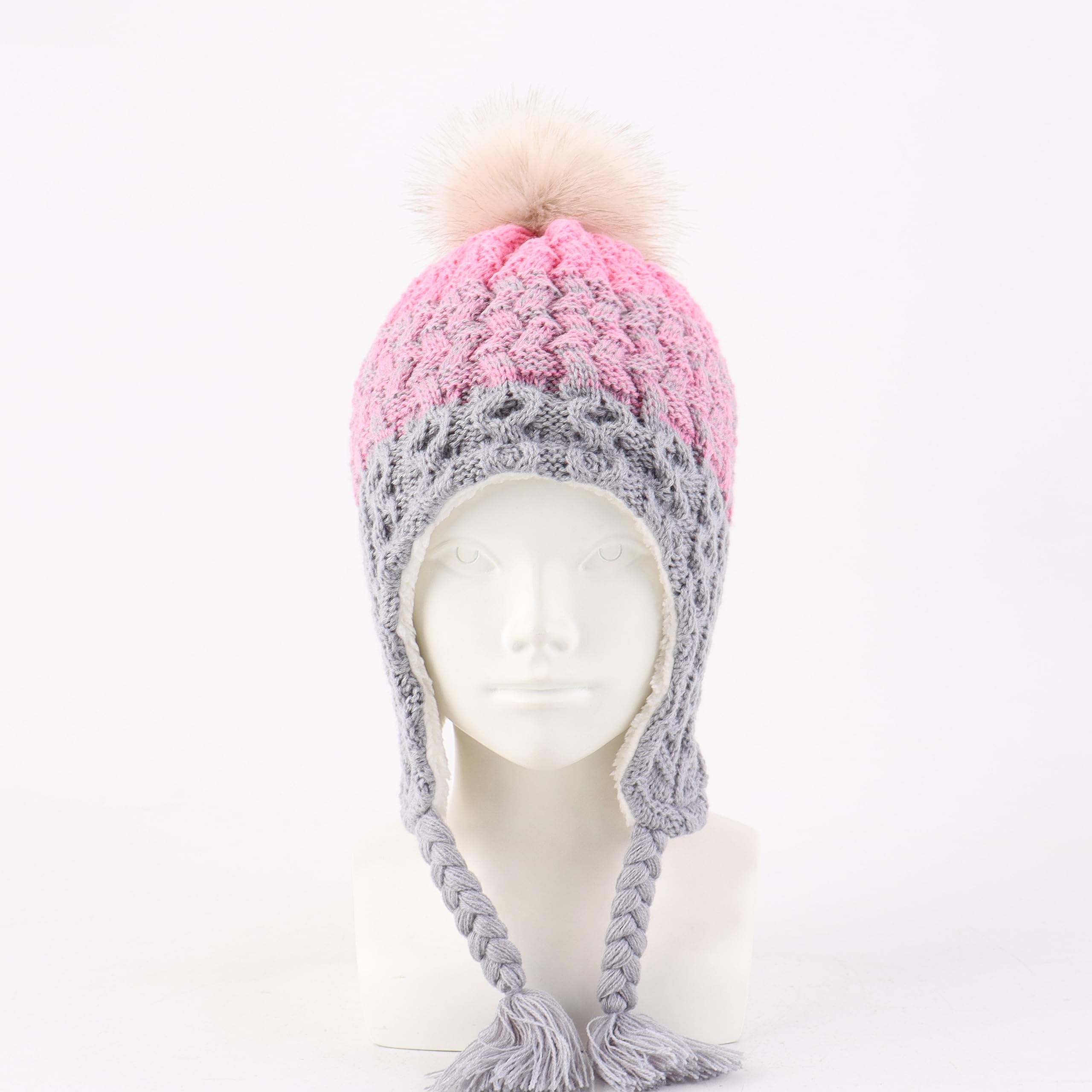 LANGZHEN Infant Pom Pom Beanie Kid Winter Hats Toddler Cap Knit Warm Beanies Caps for Baby Boys Girls(Gradient- Pink+Grey,6-12 Months)
