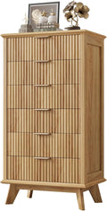 QUW Fluted 6 Drawer Dresser for Bedroom, Modern Tall Chest of Drawers with Metal Handle, Large Wood Storage Chest Organizer Accent Storage Cabinet for Living Room, Hallway, Entryway, Natural Oak