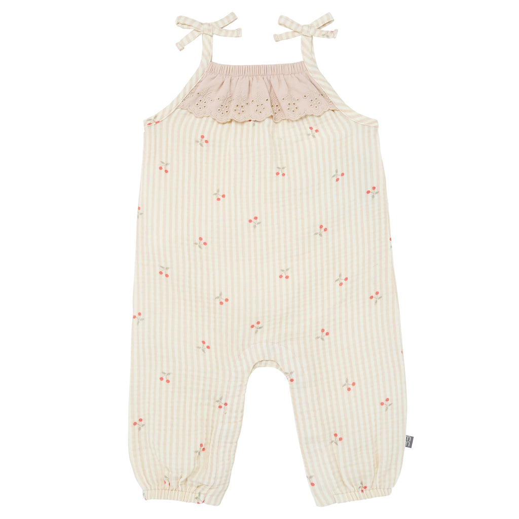 Modern Moments by Gerber Baby Girls' Sleeveless Ruffle Romper, Beige Cherry Stripe, 18 Months