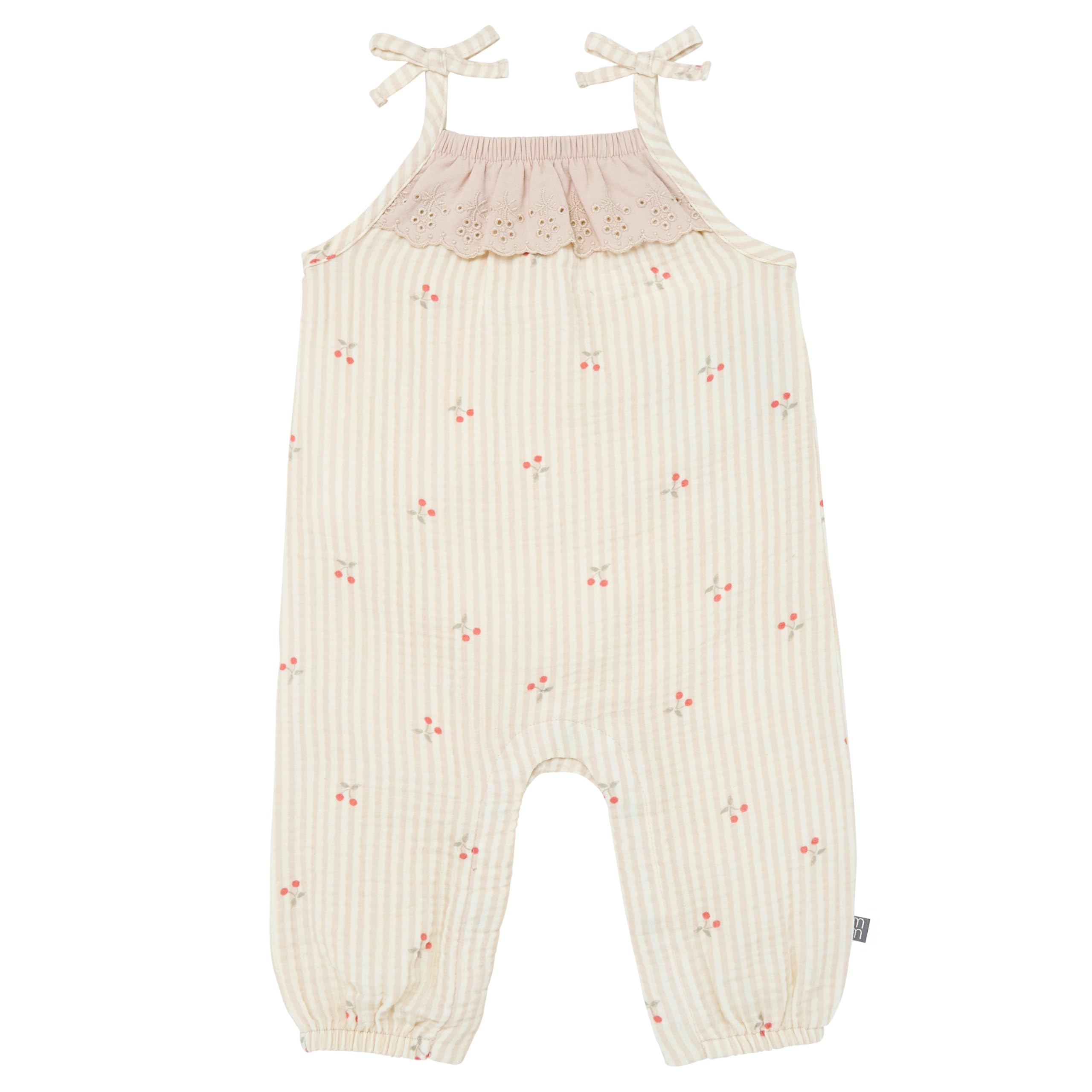 Modern Moments by Gerber Baby Girls' Sleeveless Ruffle Romper, Beige Cherry Stripe, 12 Months