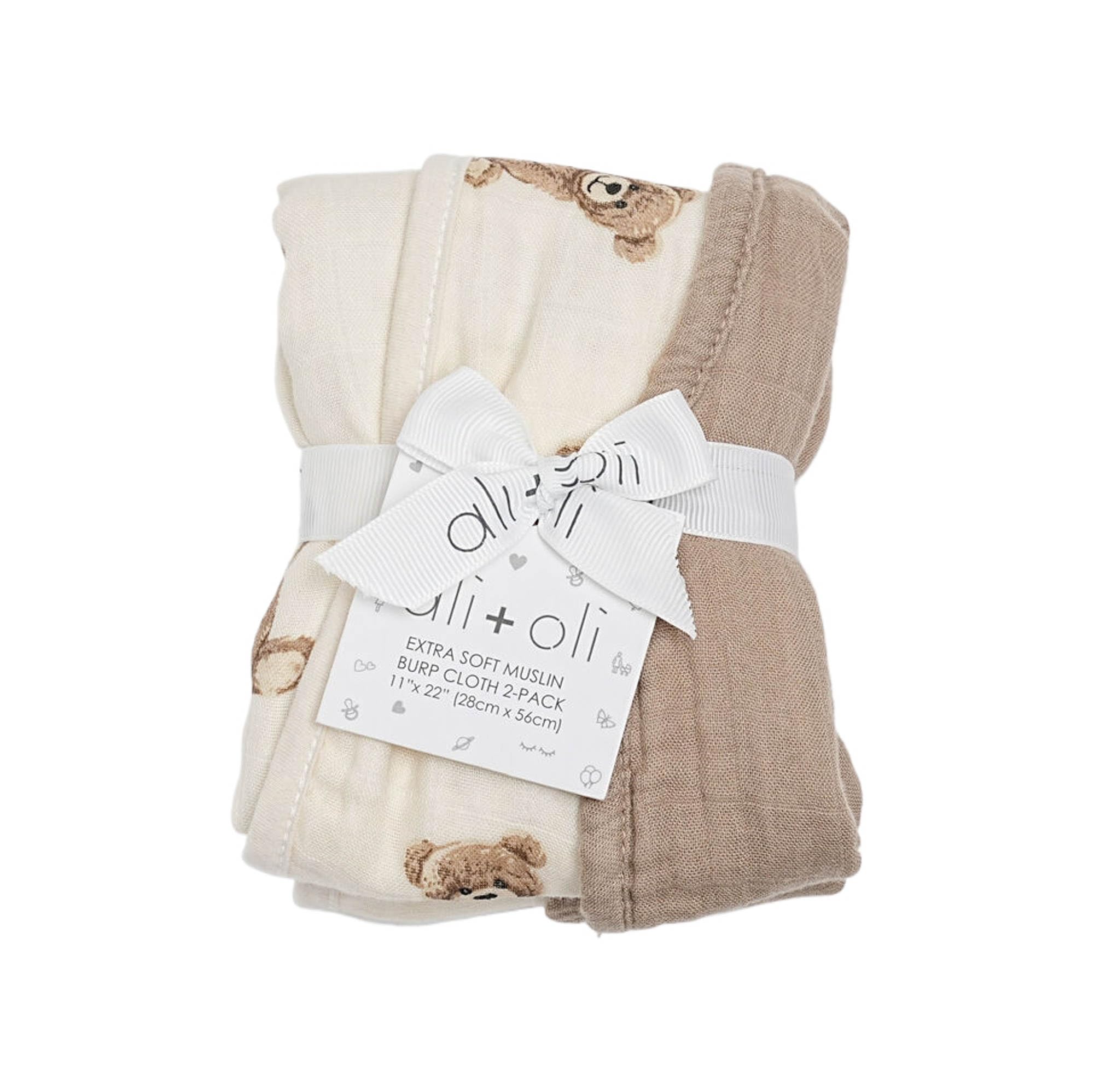 Ali+Oli Muslin Burp Cloths for Baby, 2 Pack, Soft Absorbent Burp Rags (Teddy-Taupe)