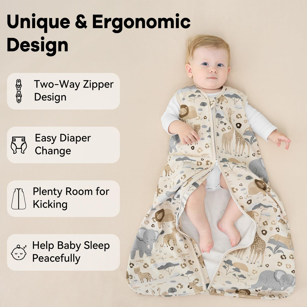 Unnivoll Baby Sleep Sack 12-18 Months 1.0 Tog Baby Wearable Blanket 100% Cotton Sleeping Sack with 2-Way Zipper for Toddler Infant Apricot & Gray Elephant