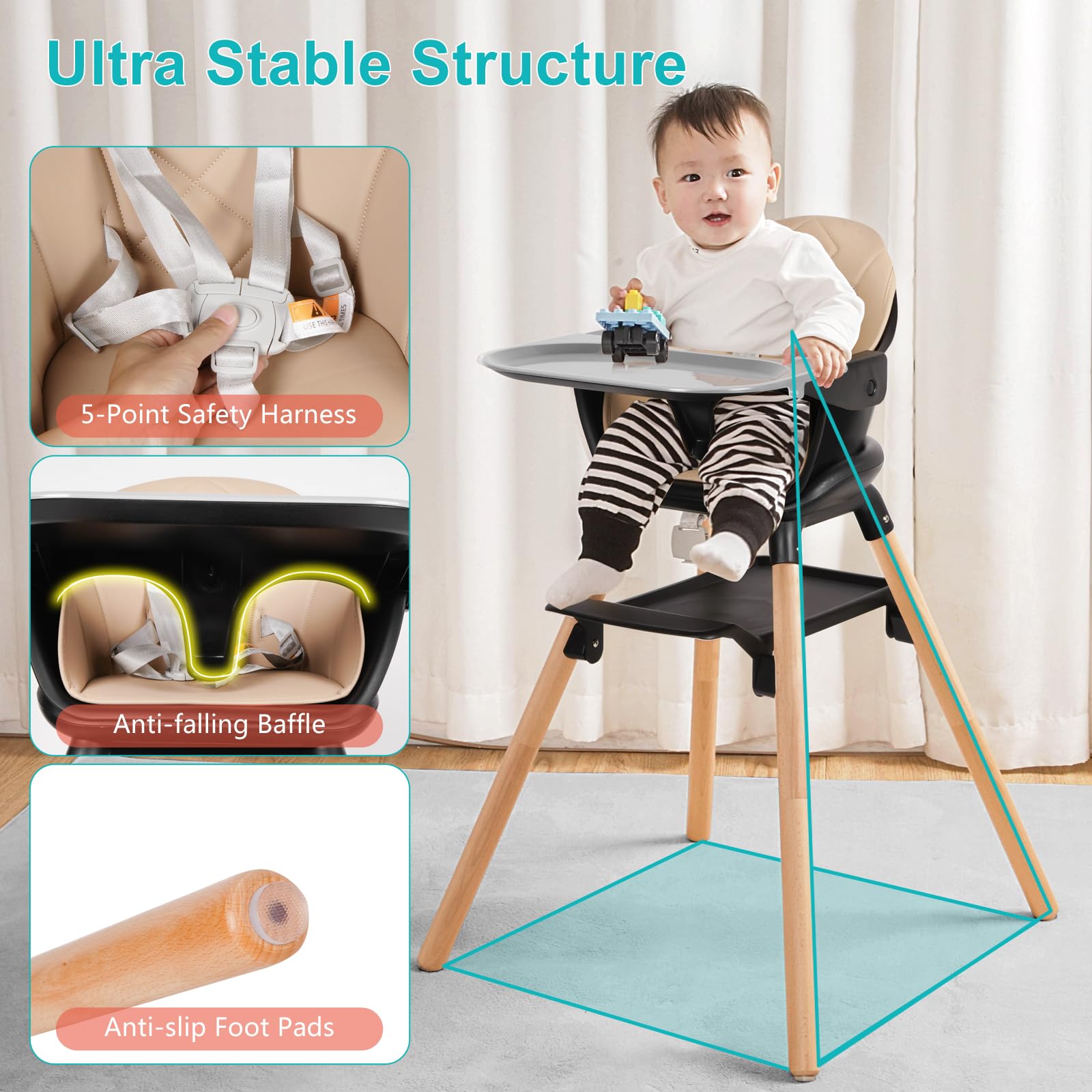 Komcot High Chair, 6 in 1 Wooden Convertible High Chairs for Babies and Toddlers, Booster Seat with Double Tray & Reversible Footrest Baby Highchair, 5-Point Harness Baby Feeding Chair, Black
