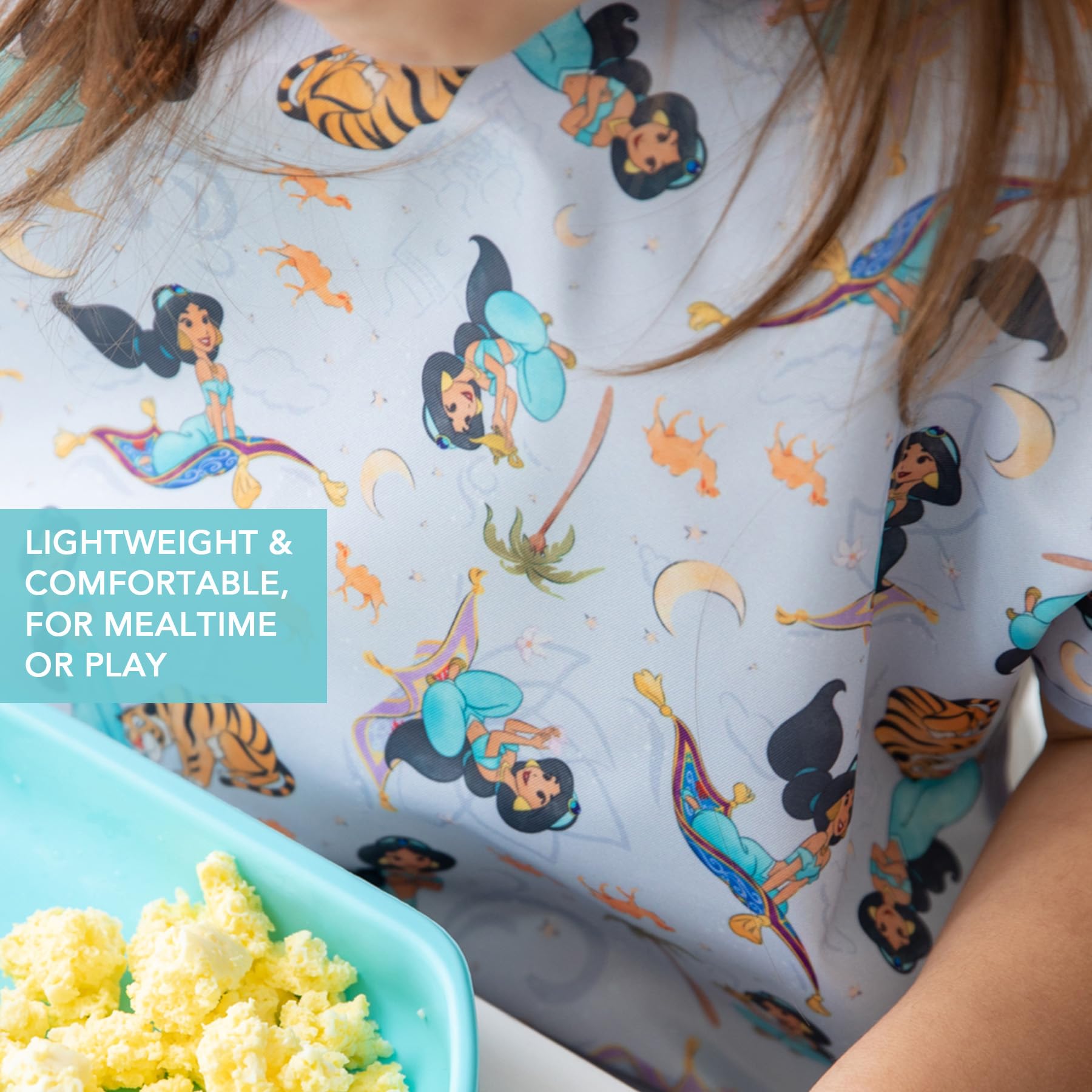 Bumkins Disney Short Sleeve Bib for Girl or Boy, Toddler and Kids for 1-3 Years, Large Size, Essential Must Have for Junior Children, Eating, Mess Saving Soft Fabric Apron for Play, Jasmine