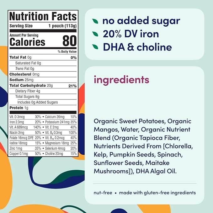 Cerebelly Organic Baby Food Pouches, Sweet Potato Mango Purees, 16 Nutrients, No Added Sugar, Fiber & Non-GMO, 4oz, 12 Pack