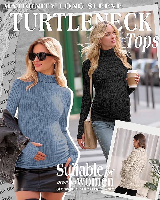 3 Pack Maternity T-Shirts Pregnancy Tops Women Sweater Long Sleeve Turtleneck Ribbed Finger Sleeve Outfits