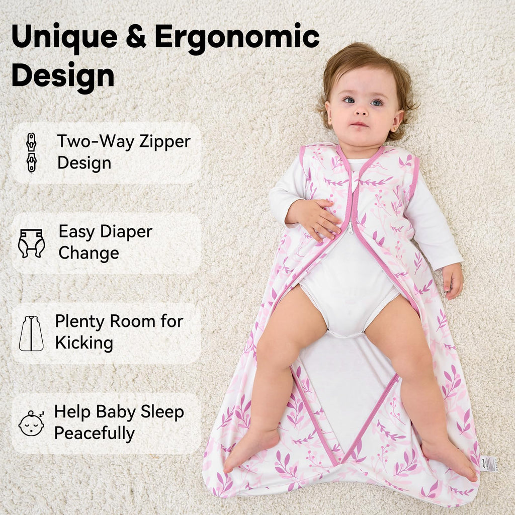 Unnivoll Baby Sleep Sack 6-12 Months 1.0 Tog Baby Wearable Blanket 100% Cotton Sleeping Sack with 2-Way Zipper for Infant Newborn Purple Leaf