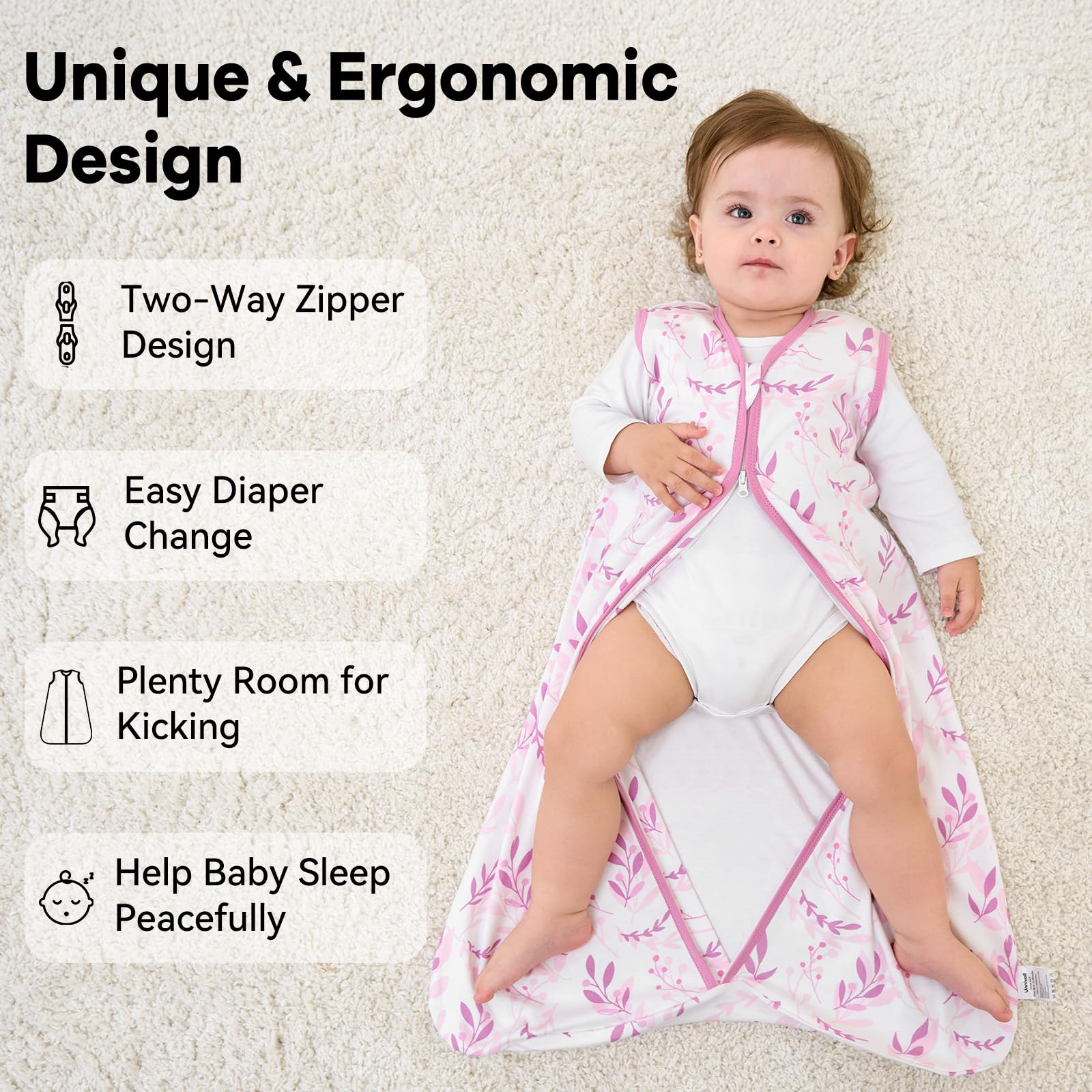Unnivoll Baby Sleep Sack 6-12 Months 1.0 Tog Baby Wearable Blanket 100% Cotton Sleeping Sack with 2-Way Zipper for Infant Newborn Purple Leaf